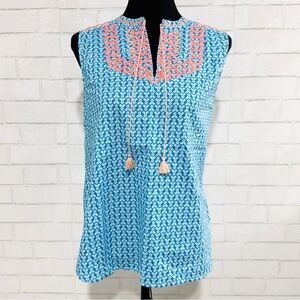 J. Crew Factory Blue Geometric Print Embroidered Tassel Sleeveless Top